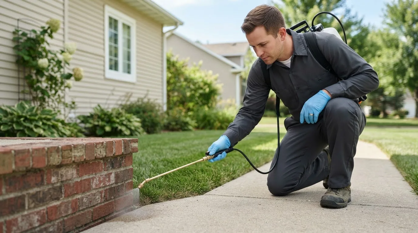 Pest control technician treating a home near Versailles, IL