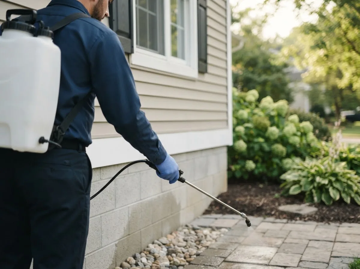 Pest control technician inspecting a home in Versailles, IL